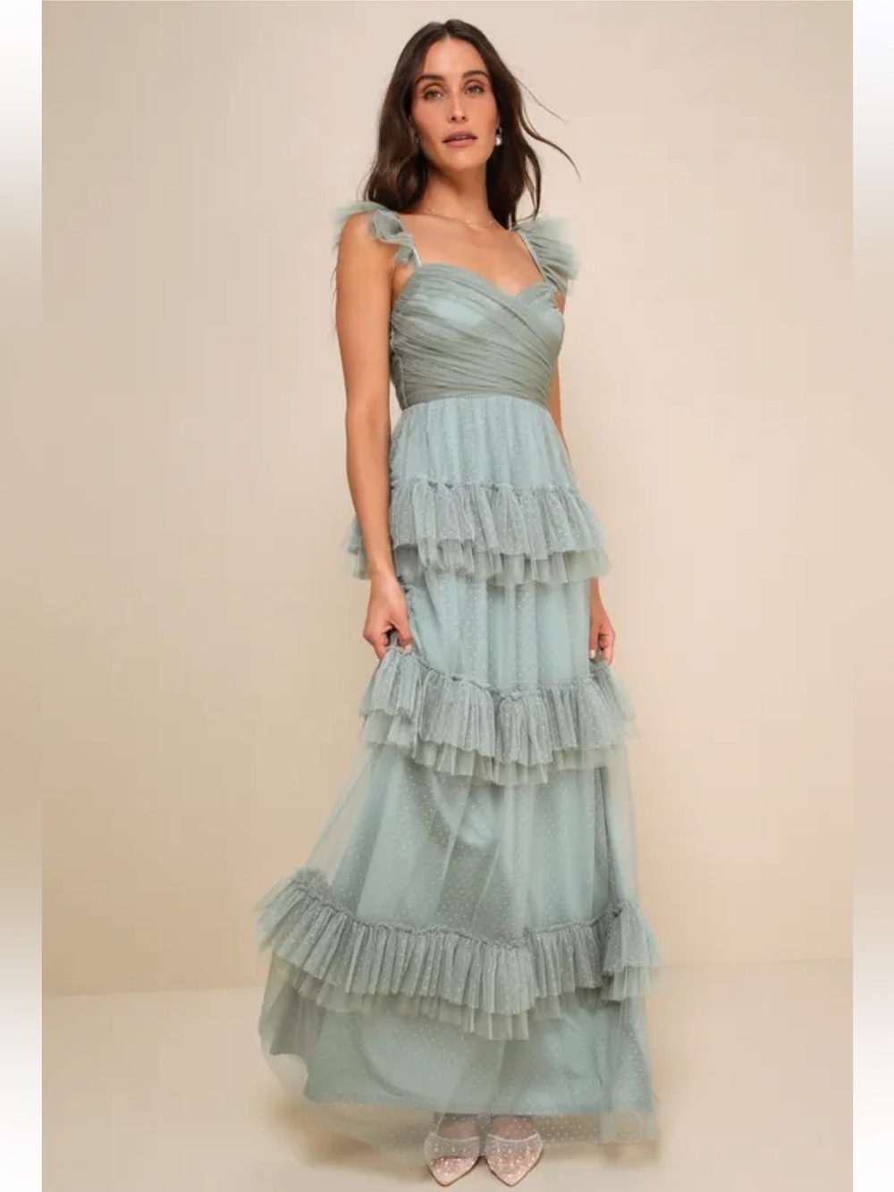 NWT Lulus Pure Radiance Sage Brush Mesh Swiss Dot Tiered Maxi Dress - Picture 7 of 10